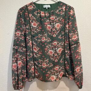 Wayf Green Pink Floral Cutout Long Sleeve Peasant Blouse Size S